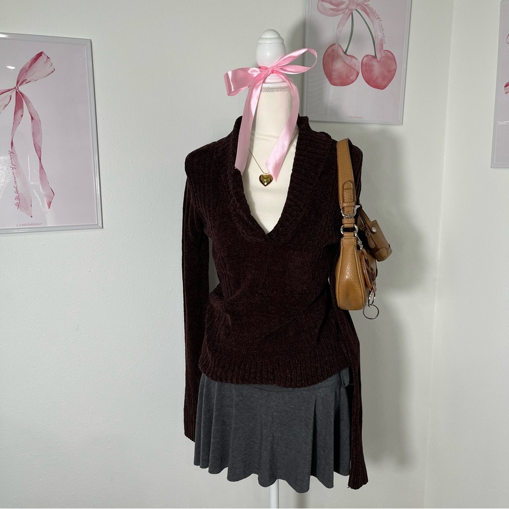 Energie Deadstock Vintage Y2K Brown Chenille Shawl Neck Sweater Knit Medium